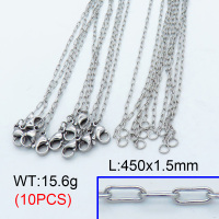 304 Stainless Steel Necklace Making,Cable Paperclip Chains,True color,450x1.5mm,about 1.56 g/pc,10 pcs/package,3N2001448vbnb-G022