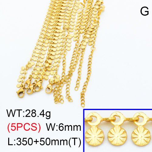 304 Stainless Steel Choker Necklaces,Textured Flat Sequin Link Chains,Vacuum plating 18K gold,L:350x6mm,T:50mm,about 5.68 g/pc,5 pcs/package,3N2001451aiil-G023