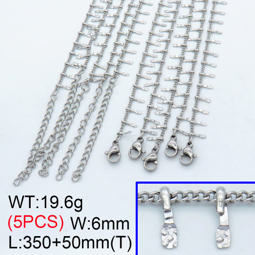 304 Stainless Steel Choker Necklaces,Spool Rectangle Links Chains Curb Chains,True color,L:350x6mm,T:50mm,about 3.92 g/pc,5 pcs/package,3N2001458vhnl-G023
