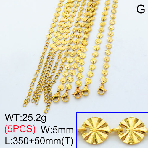 304 Stainless Steel Choker Necklaces,Textured Flat Sequin Link Chains,Vacuum plating 18K gold,L:350x5mm,T:50mm,about 5.04 g/pc,5 pcs/package,3N2001459aiil-G023
