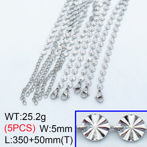 304 Stainless Steel Choker Necklaces,Textured Flat Sequin Link Chains,True color,L:350x5mm,T:50mm,about 5.04 g/pc,5 pcs/package,3N2001460vhnl-G023