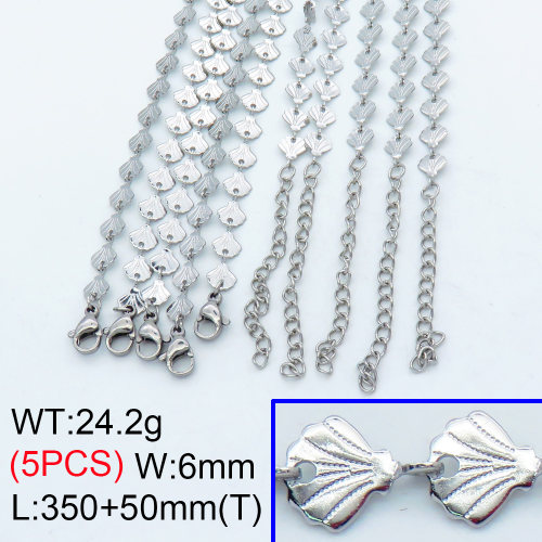 304 Stainless Steel Choker Necklaces,Textured Flat Shell Link Chains,True color,L:350x6mm,T:50mm,about 4.84 g/pc,5 pcs/package,3N2001462vhnl-G023