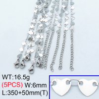 304 Stainless Steel Choker Necklaces,Handmade Flat Heart Bar Link Chains,True color,L:350x6mm,T:50mm,about 3.3 g/pc,5 pcs/package,3N2001464vhnl-G023
