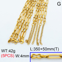304 Stainless Steel Handmade chain Choker Necklaces,Handmade Figaro Chain,Vacuum plating 18K gold,L:350x4mm,T:50mm,about 8.4 g/pc,5 pcs/package,3N2001465ajvb-G023