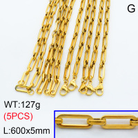 304 Stainless Steel Handmade chain Necklaces,Handmade Figaro Chain,Vacuum plating 18K gold,600x5mm,about 25.4 g/pc,5 pcs/package,3N2001467vkla-G023