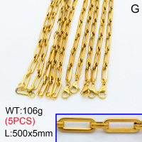 304 Stainless Steel Handmade chain Necklaces,Handmade Figaro Chain,Vacuum plating 18K gold,500x5mm,about 21.2 g/pc,5 pcs/package,3N2001468bkab-G023