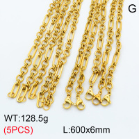 304 Stainless Steel Handmade chain Necklaces,Handmade Figaro Chain,Vacuum plating 18K gold,600x6mm,about 25.7 g/pc,5 pcs/package,3N2001471vkla-G023