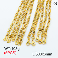 304 Stainless Steel Handmade chain Necklaces,Handmade Figaro Chain,Vacuum plating 18K gold,500x6mm,about 21.6 g/pc,5 pcs/package,3N2001472bkab-G023