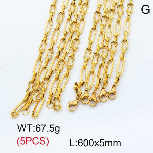 304 Stainless Steel Handmade chain Necklaces,Handmade Figaro Chain,Vacuum plating 18K gold,600x5mm,about 13.5 g/pc,5 pcs/package,3N2001475vkla-G023