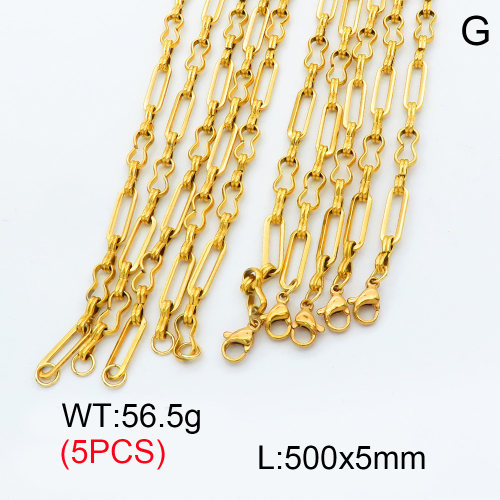 304 Stainless Steel Handmade chain Necklaces,Handmade Figaro Chain,Vacuum plating 18K gold,500x5mm,about 11.3 g/pc,5 pcs/package,3N2001476bkab-G023