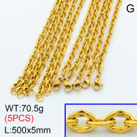 304 Stainless Steel Necklace Making,Oval Dapped Cable Chains,Vacuum plating 18K gold,500x5mm,about 14.1 g/pc,5 pcs/package,3N2001479aivb-G023