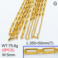 304 Stainless Steel Handmade chain Choker Necklaces,Handmade Figaro Chain,Vacuum plating 18K gold,L:350x5mm,T:50mm,about 15.12 g/pc,5 pcs/package,3N2001481ajvb-G023