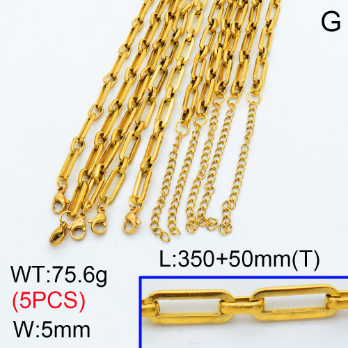 304 Stainless Steel Handmade chain Choker Necklaces,Handmade Figaro Chain,Vacuum plating 18K gold,L:350x5mm,T:50mm,about 15.12 g/pc,5 pcs/package,3N2001481ajvb-G023