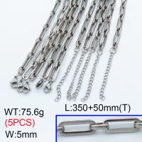 304 Stainless Steel Handmade chain Choker Necklaces,Handmade Figaro Chain,True color,L:350x5mm,T:50mm,about 15.12 g/pc,5 pcs/package,3N2001482vila-G023