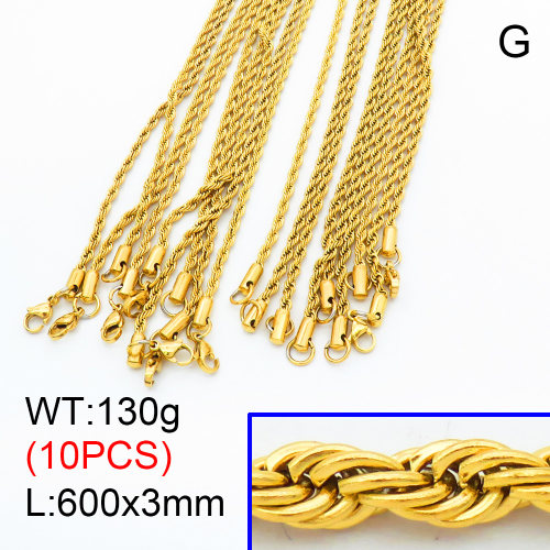 304 Stainless Steel Necklace Making,Unwelded Rope Chains,Vacuum plating gold,600x3mm,about 13 g/pc,10 pcs/package,3N2001488ajlv-G025