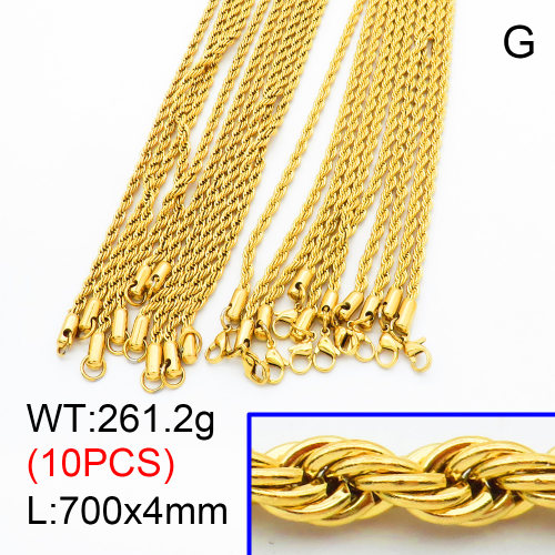 304 Stainless Steel Necklace Making,Unwelded Rope Chains,Vacuum plating gold,700x4mm,about 26.12 g/pc,10 pcs/package,3N2001490akoa-G025