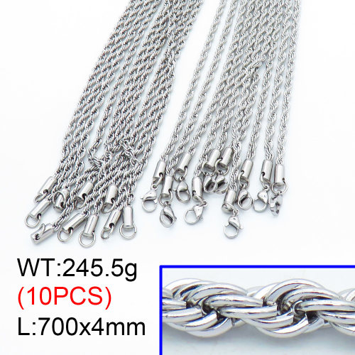 304 Stainless Steel Necklace Making,Unwelded Rope Chains,True color,700x4mm,about 24.55 g/pc,10 pcs/package,3N2001491biib-G025
