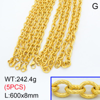304 Stainless Steel Necklaces,Textured Cable Chains,Vacuum plating 18K gold,600x8mm,about 48.48 g/pc,5 pcs/package,3N2001492vkla-G026