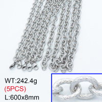 304 Stainless Steel Necklaces,Textured Cable Chains,True color,600x8mm,about 48.48 g/pc,5 pcs/package,3N2001493bkab-G026