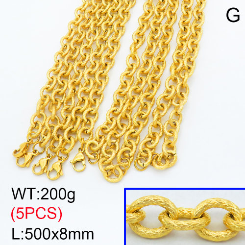 304 Stainless Steel Necklaces,Textured Cable Chains,Vacuum plating 18K gold,500x8mm,about 40 g/pc,5 pcs/package,3N2001494bkab-G026