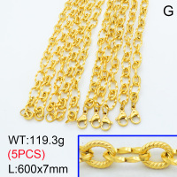 304 Stainless Steel Necklaces,Unwelded with Spool Oval Textured Twisted Figaro Link Chains,Vacuum plating 18K gold,600x7mm,about 23.86 g/pc,5 pcs/package,3N2001496bkab-G026