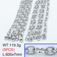 304 Stainless Steel Necklaces,Unwelded with Spool Oval Textured Twisted Figaro Link Chains,True color,600x7mm,about 23.86 g/pc,5 pcs/package,3N2001497ajlv-G026