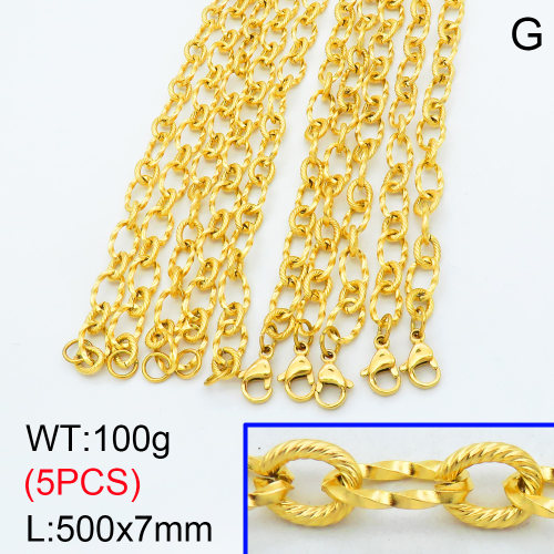 304 Stainless Steel Necklaces,Unwelded with Spool Oval Textured Twisted Figaro Link Chains,Vacuum plating 18K gold,500x7mm,about 20 g/pc,5 pcs/package,3N2001498ajlv-G026