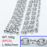 304 Stainless Steel Necklaces,Unwelded with Spool Oval Textured Twisted Figaro Link Chains,True color,500x7mm,about 20 g/pc,5 pcs/package,3N2001499ajvb-G026