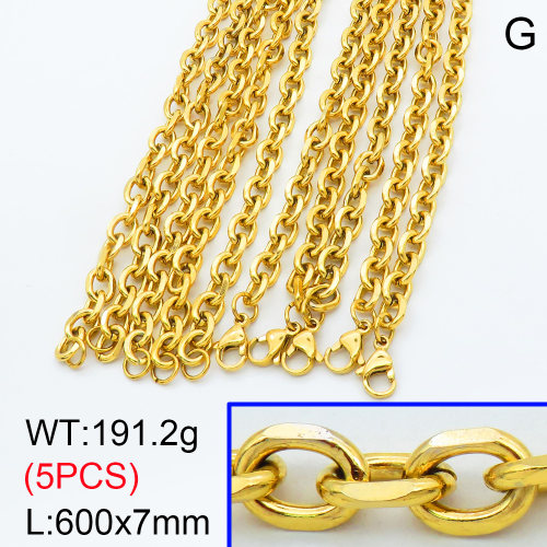 304 Stainless Steel Necklaces,Faceted Cable Chains,Vacuum plating 18K gold,600x7mm,about 38.24 g/pc,5 pcs/package,3N2001500bkab-G026