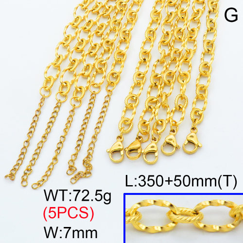 304 Stainless Steel Choker Necklaces,Unwelded with Spool Oval Textured Twisted Figaro Link Chains,Vacuum plating 18K gold,L:350x7mm,T:50mm,about 14.5 g/pc,5 pcs/package,3N2001504ainl-G026