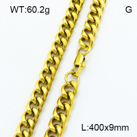 304 Stainless Steel Necklaces,Polished,Cuban Chain Twisted Curb Chains,Vacuum plating 18K gold,430x9mm,about 60.2 g/pc,1 pc/package,3N2002023bhho-G025