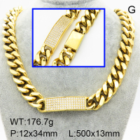 304 Stainless Steel Cubic Zirconia Necklaces,High quality handmade polishing,Cuban Chain,Vacuum plating 18K gold,L:500x13mm,Link:12x34mm,about 176.7 g/pc,1 pc/package,3N4002056bmob-066