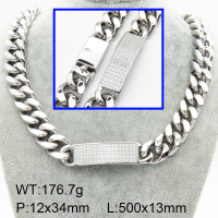 304 Stainless Steel Cubic Zirconia Necklaces,High quality handmade polishing,Cuban Chain,True color,L:500x13mm,Link:12x34mm,about 176.7 g/pc,1 pc/package,3N4002057aloa-066