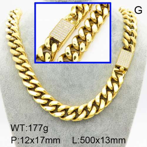 304 Stainless Steel Cubic Zirconia Necklaces,High quality handmade polishing,Cuban Chain,Vacuum plating 18K gold,L:200x13mm,Clasp:12x17mm,about 177 g/pc,1 pc/package,3N4002058albv-066