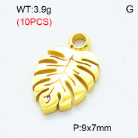 304 Stainless Steel Pendants,Polished,Leaves,Vacuum plating gold,9x7mm,Hole:2mm,about 0.39 g/pc,10 pcs/package,3P2002803bhva-906