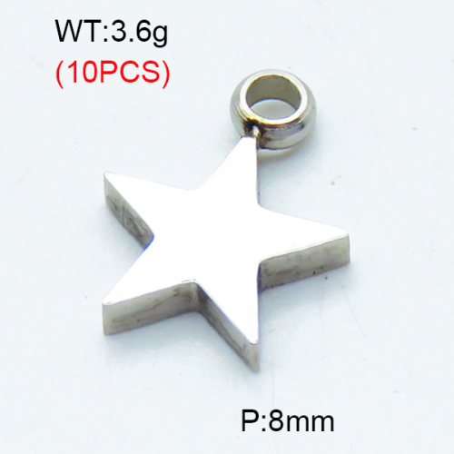 304 Stainless Steel Pendants,Polished,Star,True color,8mm,Hole:2mm,about 0.36 g/pc,10 pcs/package,3P2002808bbov-906