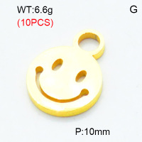 304 Stainless Steel Pendants,Polished,Round,Smiley,Vacuum plating gold,10mm,Hole:3mm,about 0.66 g/pc,10 pcs/package,3P2002818vbpb-906