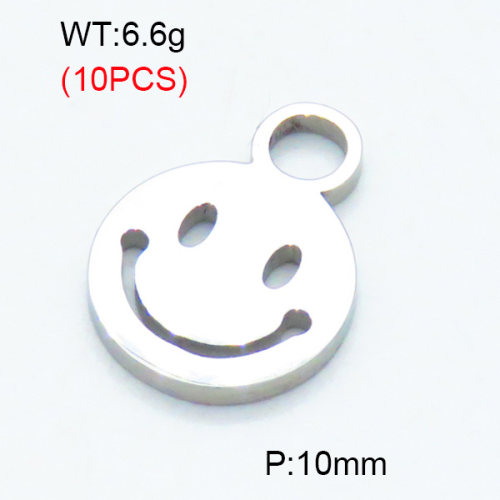 304 Stainless Steel Pendants,Polished,Round,Smiley,True color,10mm,Hole:3mm,about 0.66 g/pc,10 pcs/package,3P2002819vbnb-906