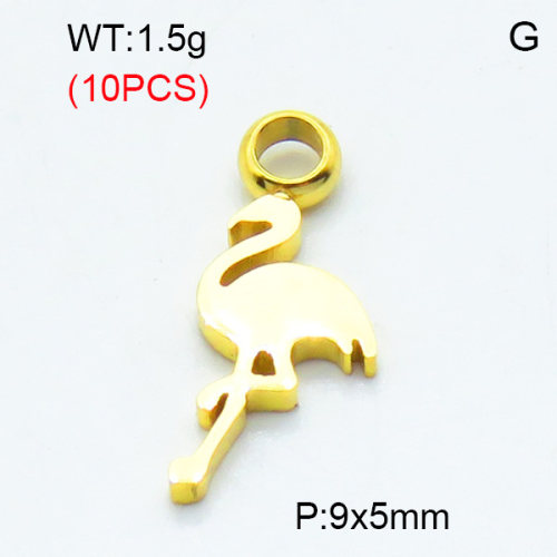 304 Stainless Steel Pendants,Polished,Flamingo,Vacuum plating gold,9x5mm,Hole:2mm,about 0.15 g/pc,10 pcs/package,3P2002822bhva-906