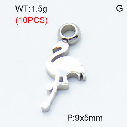 304 Stainless Steel Pendants,Polished,Flamingo,True color,9x5mm,Hole:2mm,about 0.15 g/pc,10 pcs/package,3P2002823bbov-906