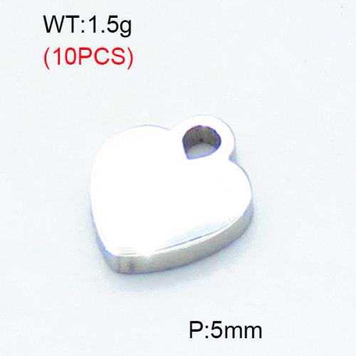 304 Stainless Steel Pendants,Polished,Heart,True color,5mm,Hole:1.5mm,about 0.15 g/pc,10 pcs/package,3P2002825vbll-906