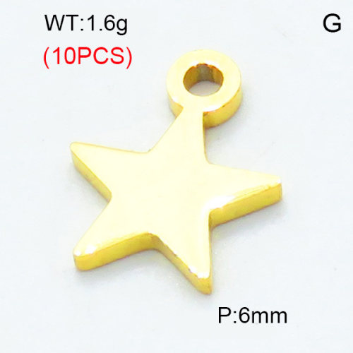 304 Stainless Steel Pendants,Polished,Star,Vacuum plating gold,6mm,Hole:1.5mm,about 0.16 g/pc,10 pcs/package,3P2002855bbov-906