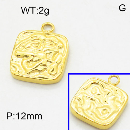 316 Stainless Steel Casting Pendants,High quality handmade polishing,Pattern square,Vacuum plating 18K gold,12mm,Hole:2mm,about 2 g/pc,5 pcs/package,3P2002957aajl-066