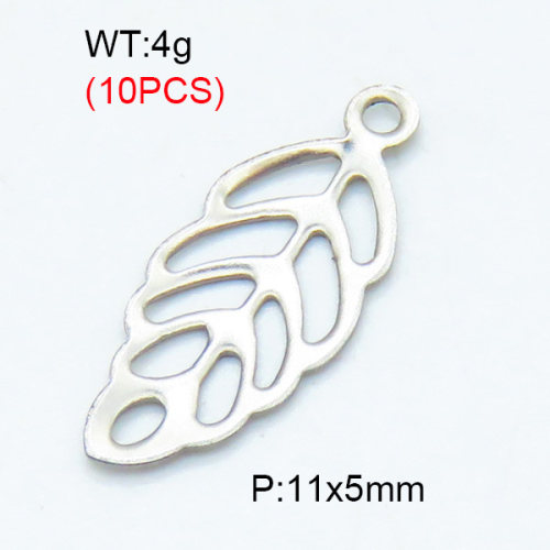 304 Stainless Steel Pendants,Polished,Leaves,True color,11x5mm,Hole:1.5mm,about 0.4 g/pc,10 pcs/package,3P2002960ablb-906