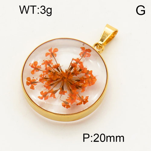 304 Stainless Steel Natural flowers Pendants,Polished,Flat Round,Vacuum plating 18K gold,20mm,about 3 g/pc,1 pc/package,3P3000109avja-Y008