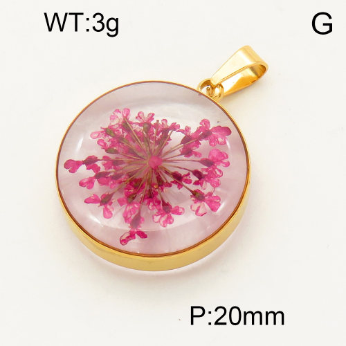 304 Stainless Steel Natural flowers Pendants,Polished,Flat Round,Vacuum plating 18K gold,20mm,about 3 g/pc,1 pc/package,3P3000113avja-Y008