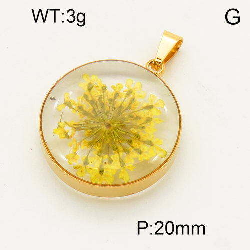 304 Stainless Steel Natural flowers Pendants,Polished,Flat Round,Vacuum plating 18K gold,20mm,about 3 g/pc,1 pc/package,3P3000115avja-Y008
