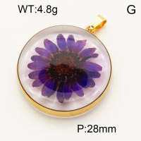 304 Stainless Steel Natural flowers Pendants,Polished,Flat Round,Vacuum plating 18K gold,28mm,about 4.8 g/pc,1 pc/package,3P3000121aajp-Y008