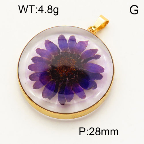304 Stainless Steel Natural flowers Pendants,Polished,Flat Round,Vacuum plating 18K gold,28mm,about 4.8 g/pc,1 pc/package,3P3000121aajp-Y008