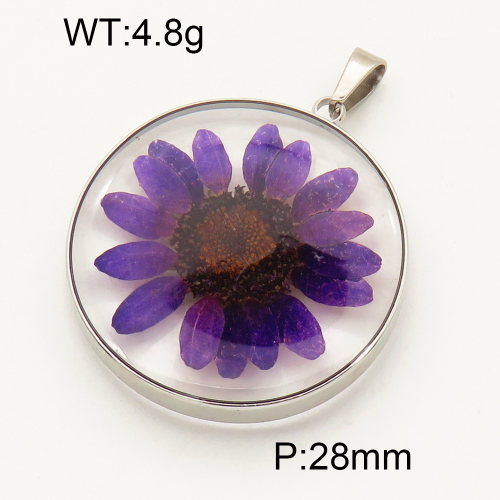 304 Stainless Steel Natural flowers Pendants,Polished,Flat Round,True color,28mm,about 4.8 g/pc,1 pc/package,3P3000122aajl-Y008